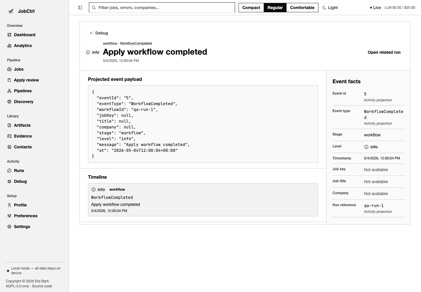 JobCtrl Activity Detail route workspace with event facts, projected payload, and timeline