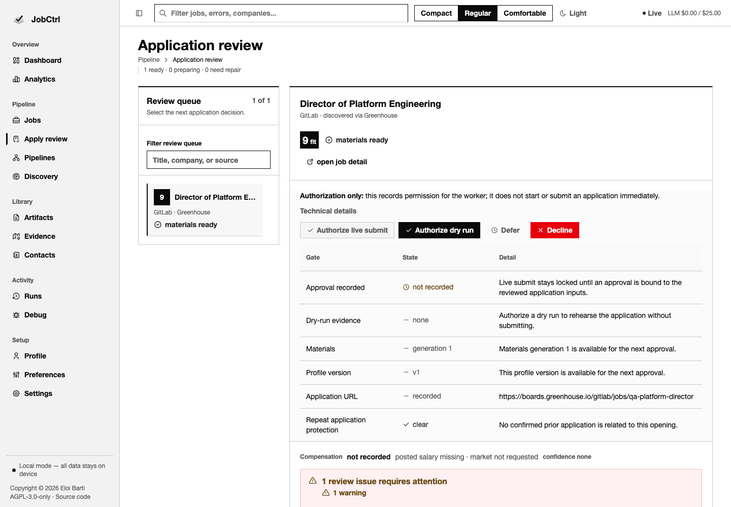 JobCtrl Application Review workspace with review queue, job evidence, resume editor, audit, and approval controls