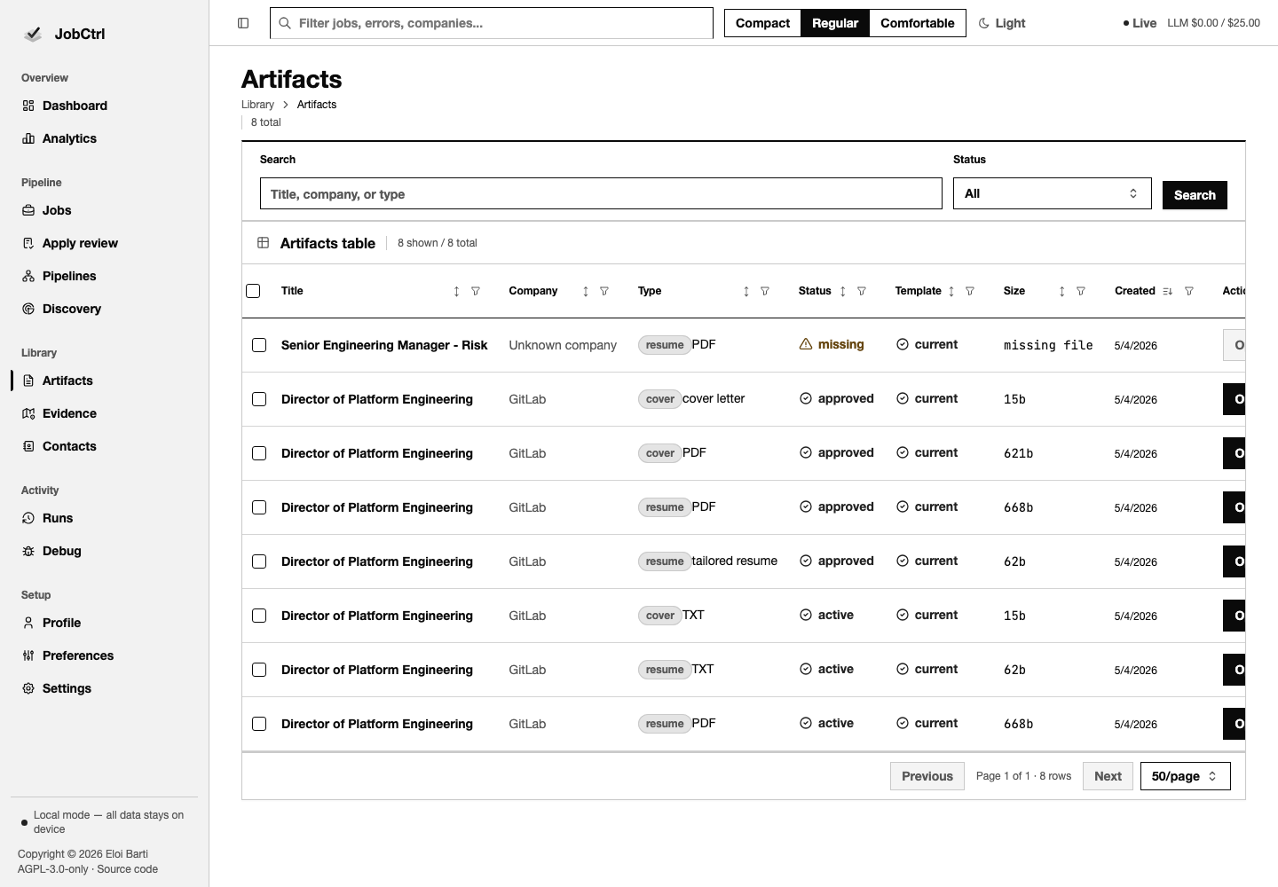 JobCtrl Artifacts workspace with search, type, status, company, template, size, and open actions