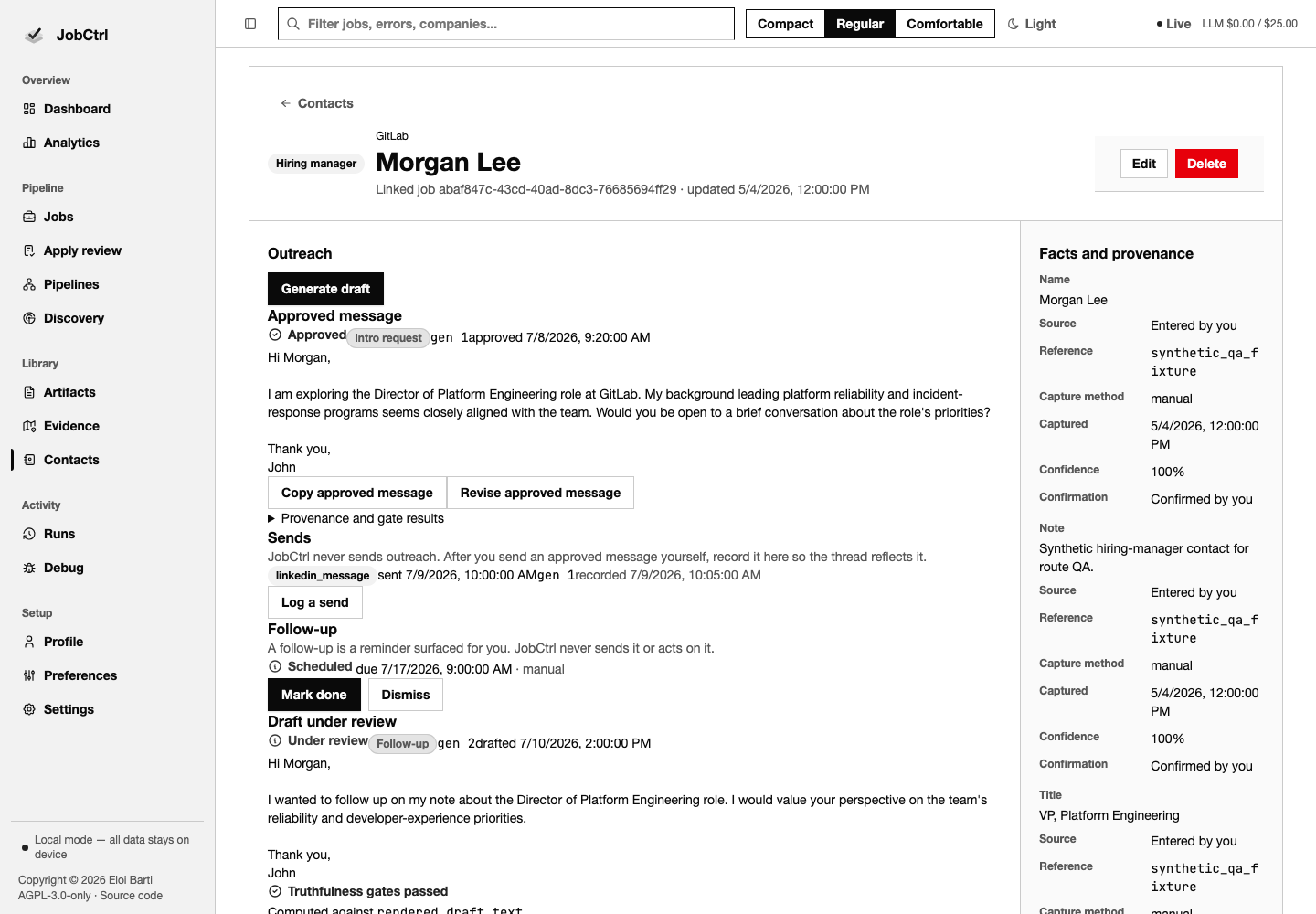 JobCtrl Contact Detail route workspace with facts, provenance, outreach versions, gates, and follow-ups