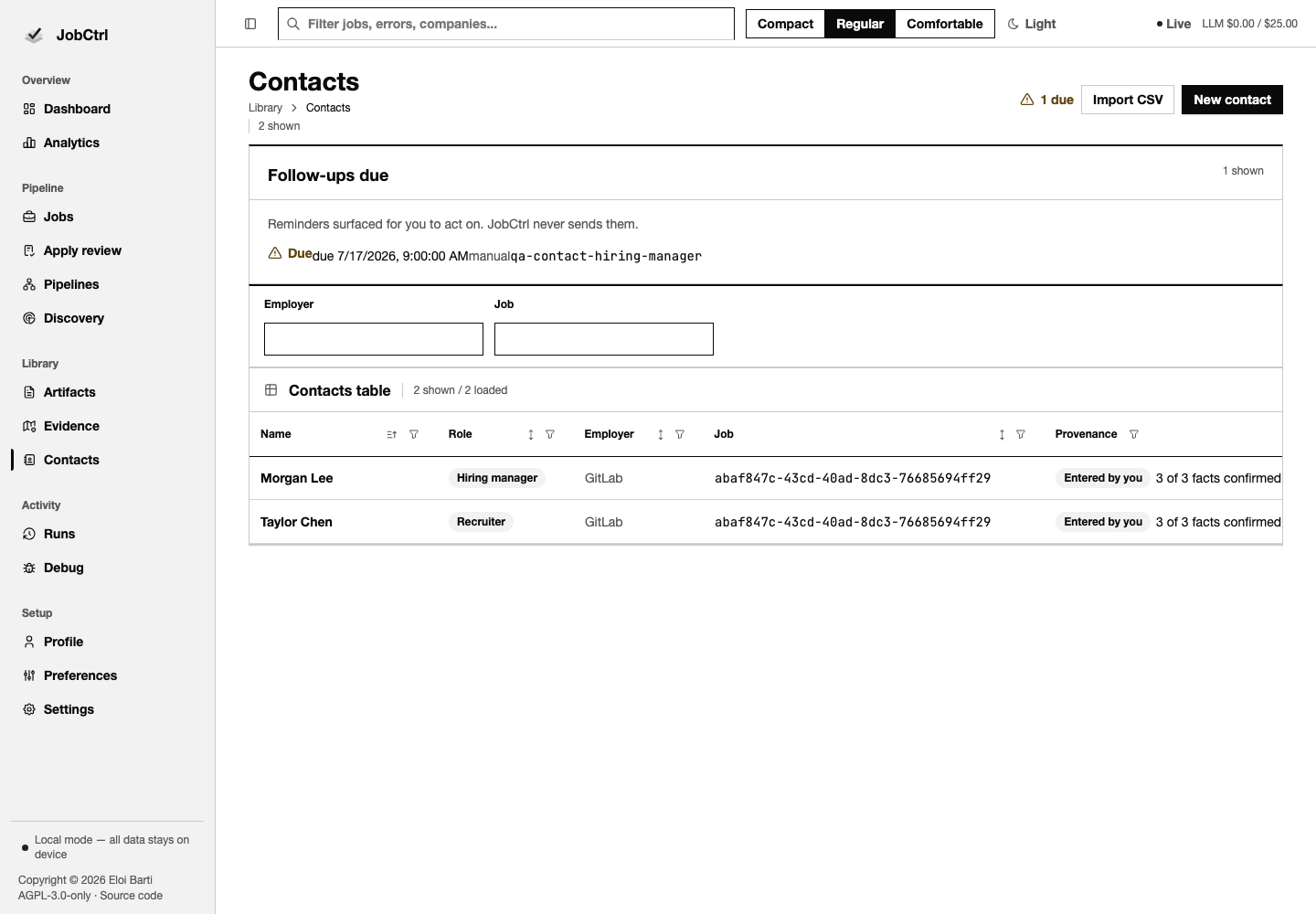 JobCtrl Contacts workspace with filters, provenance, due follow-ups, import, and contact actions