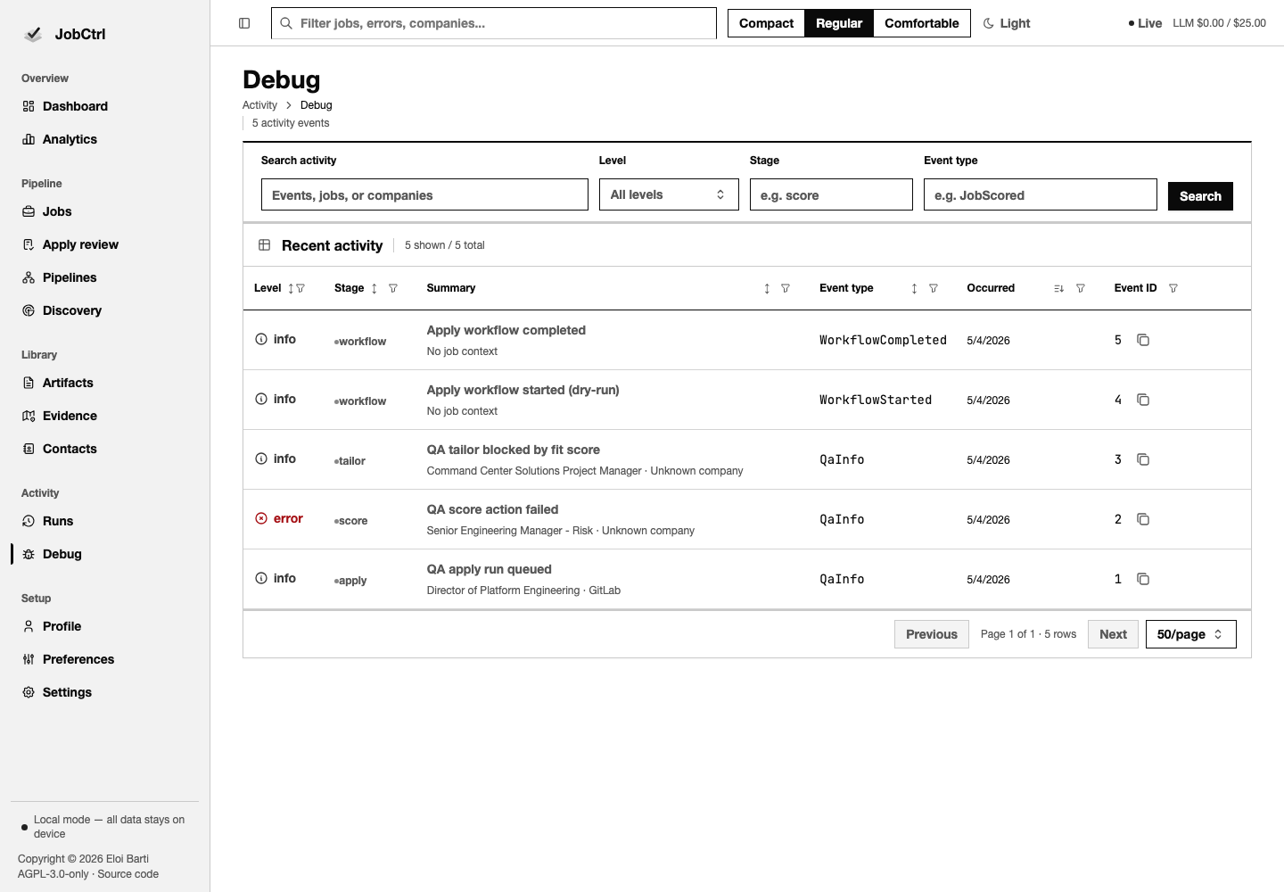 JobCtrl Debug workspace with event filters, levels, stages, references, and evidence links