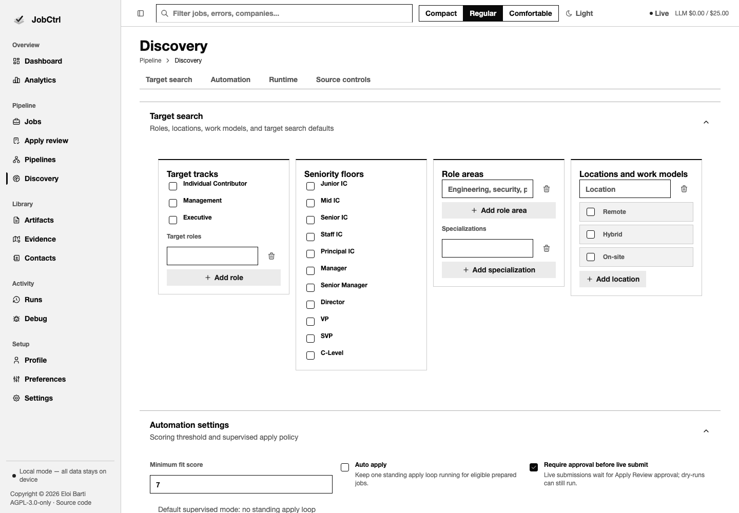 JobCtrl Discovery workspace with target search, sources, schedules, runtime, capture, and diagnostics