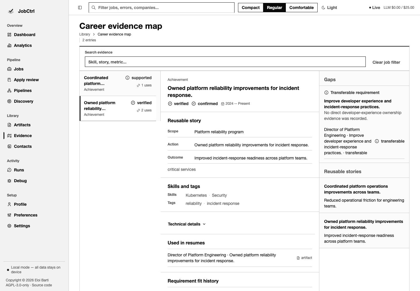 JobCtrl Evidence workspace with evidence library, selected usage detail, gaps, and reusable stories