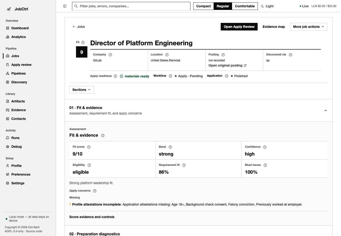 JobCtrl Job Detail route workspace with fit, provenance, compensation, materials, progress, and history