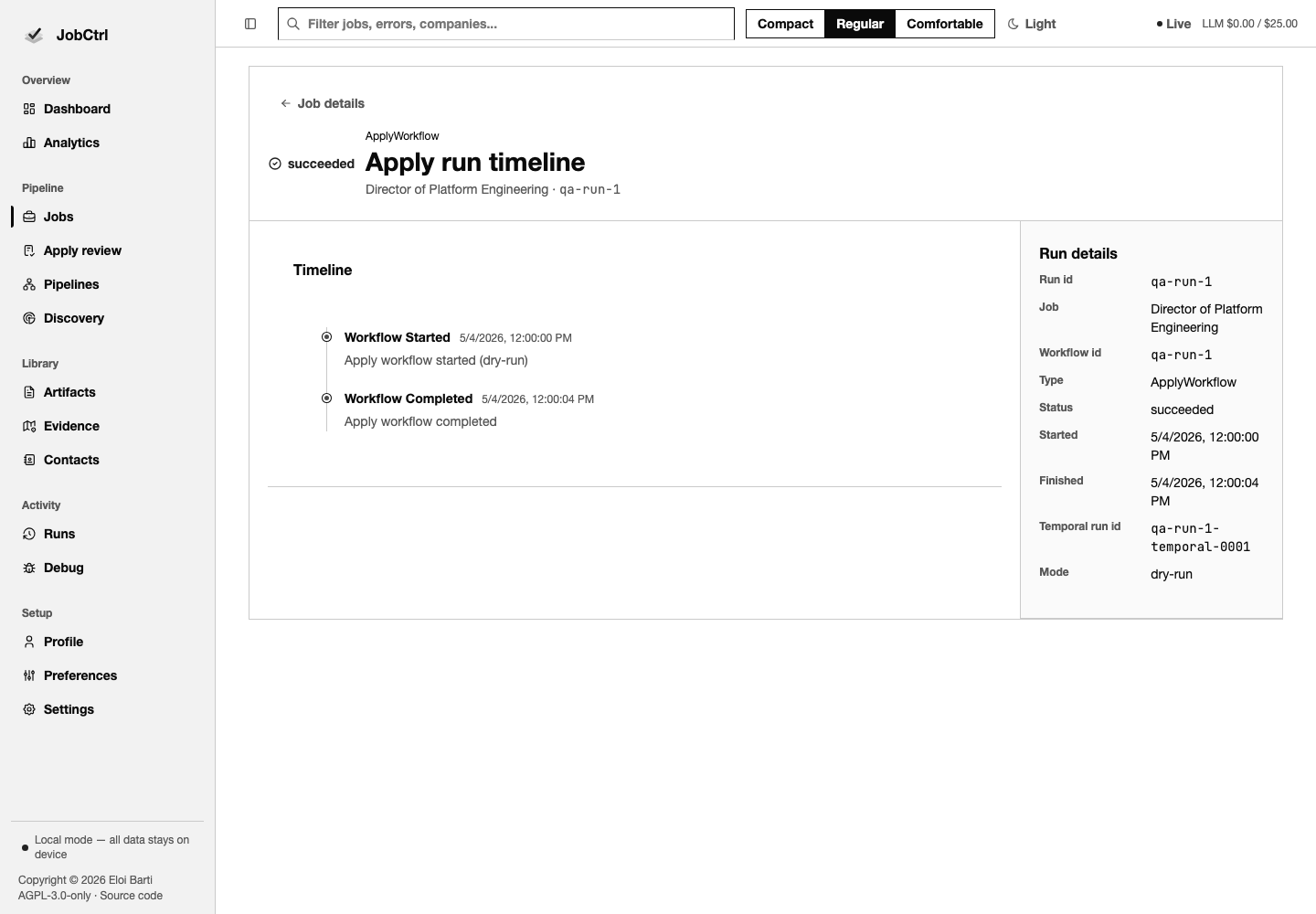 JobCtrl job run timeline workspace with workflow facts, status, failures, and events