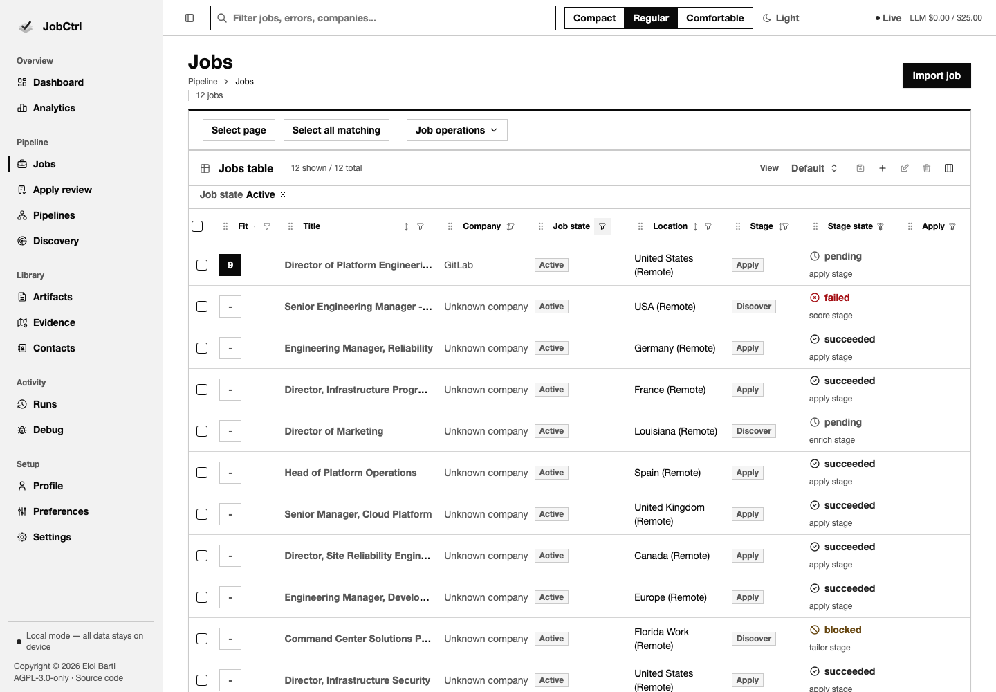 JobCtrl single-table Jobs workspace with a Job state filter, fit evidence, saved views, and bulk actions