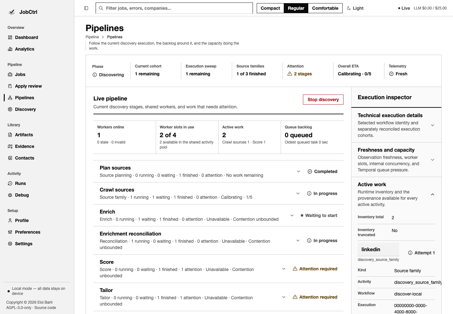 JobCtrl Pipelines workspace with launch controls, live stage flow, execution inspector, and active work
