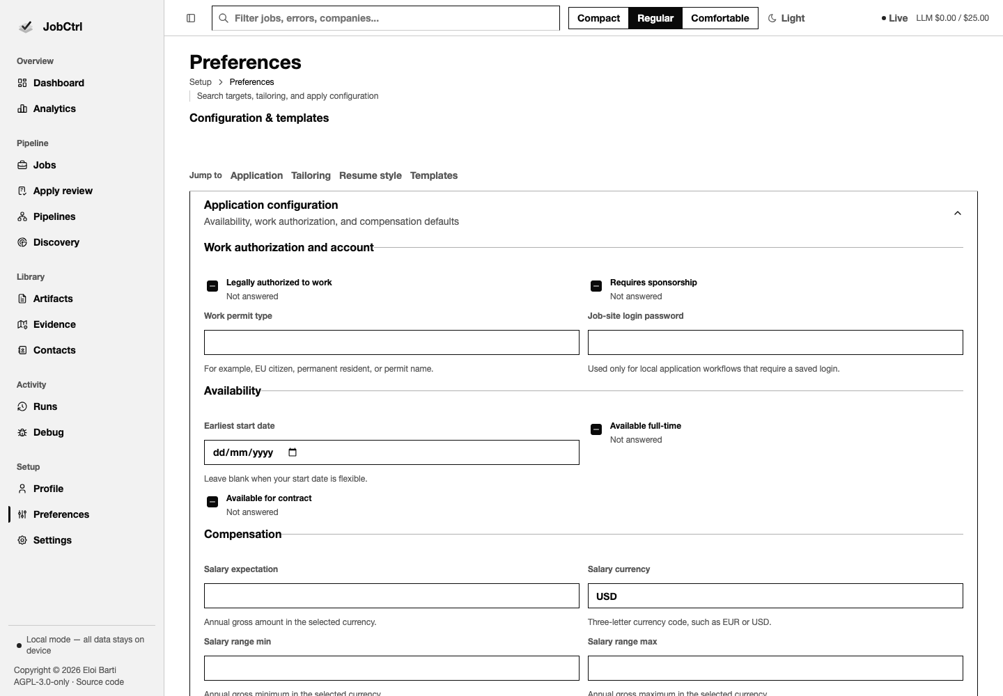 JobCtrl Preferences workspace with application, tailoring, resume style, and template preview controls