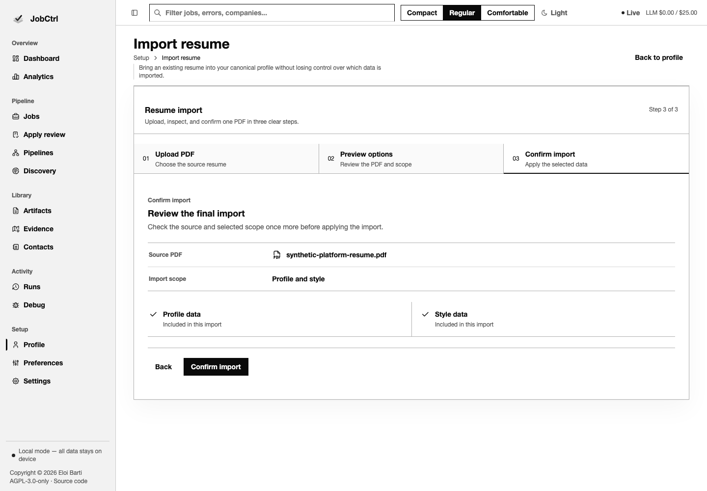 JobCtrl resume import confirmation route summarizing the selected synthetic file and sections