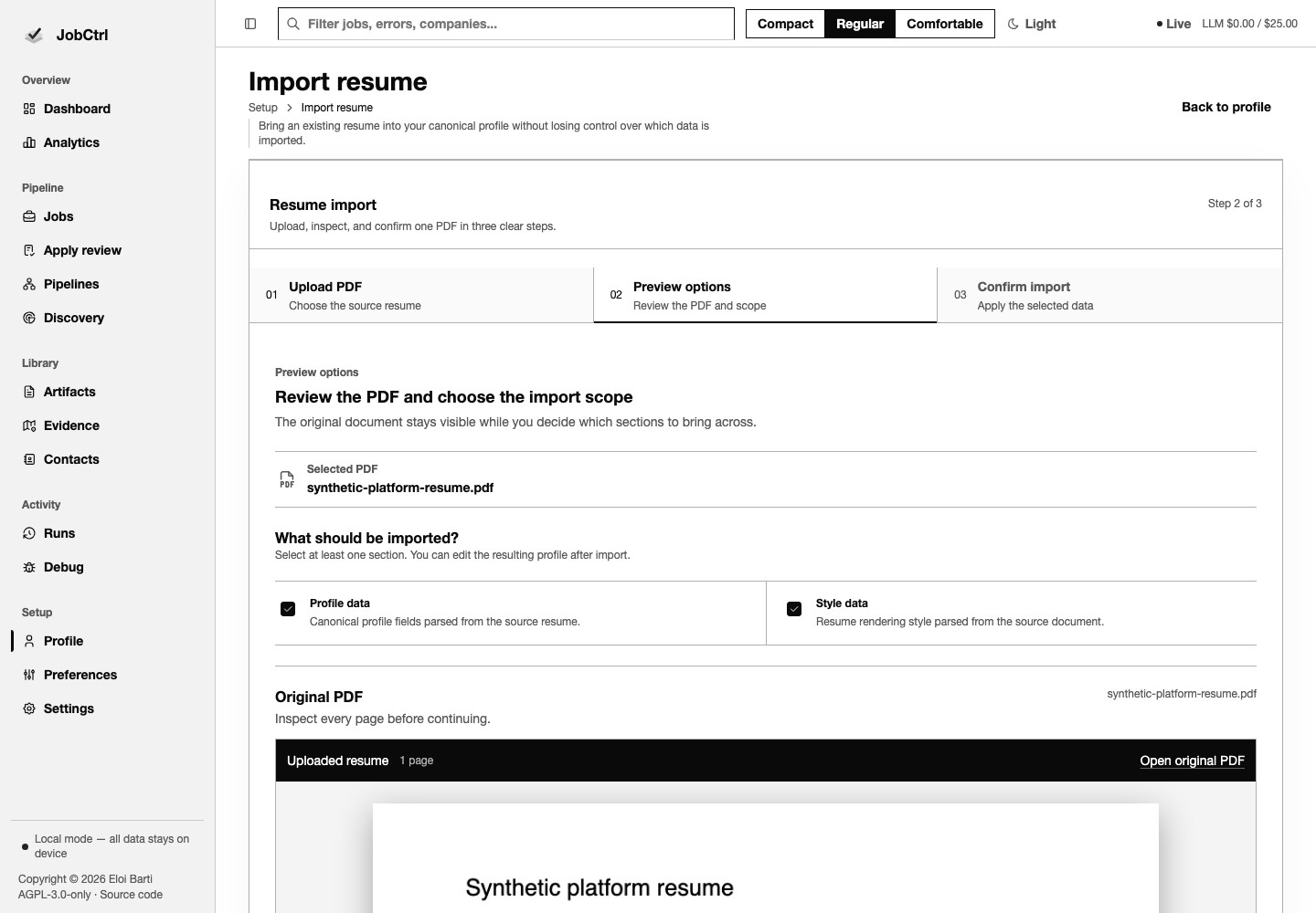 JobCtrl resume import options route selecting profile and style data