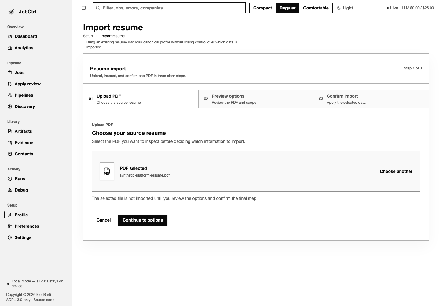 JobCtrl resume import upload route with a synthetic PDF selected