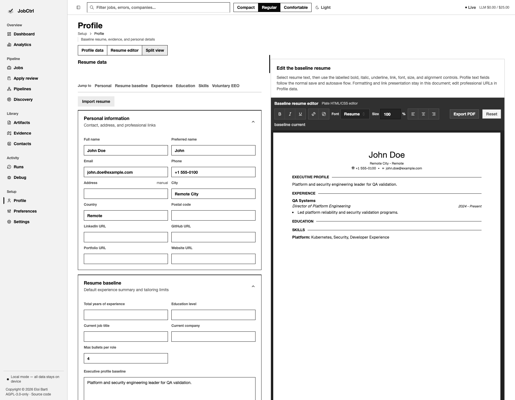 JobCtrl Profile workspace with canonical candidate fields and the real editable baseline resume