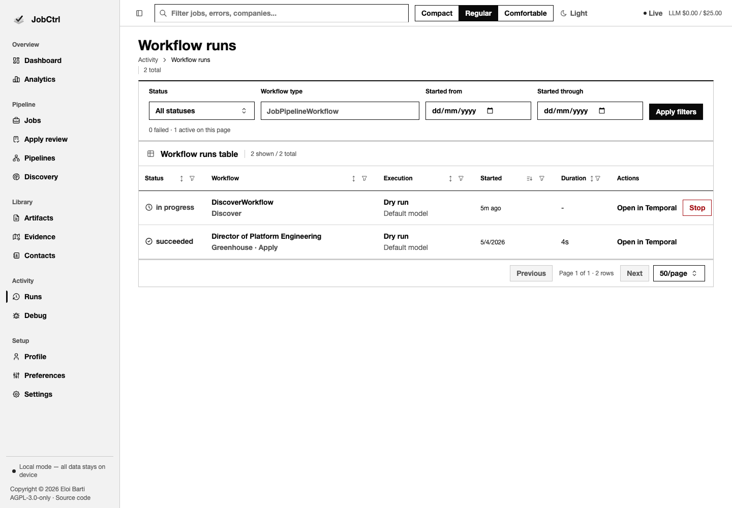 JobCtrl Runs workspace with workflow filters, identity, status, timing, and progress