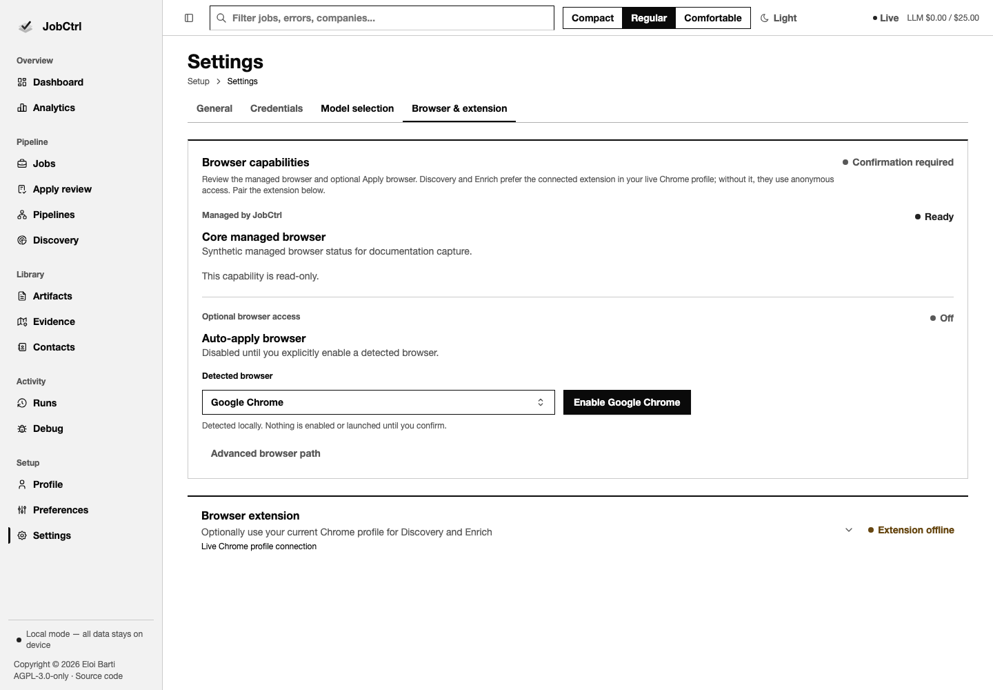 JobCtrl Browser and Extension Settings route with capability and pairing ledgers