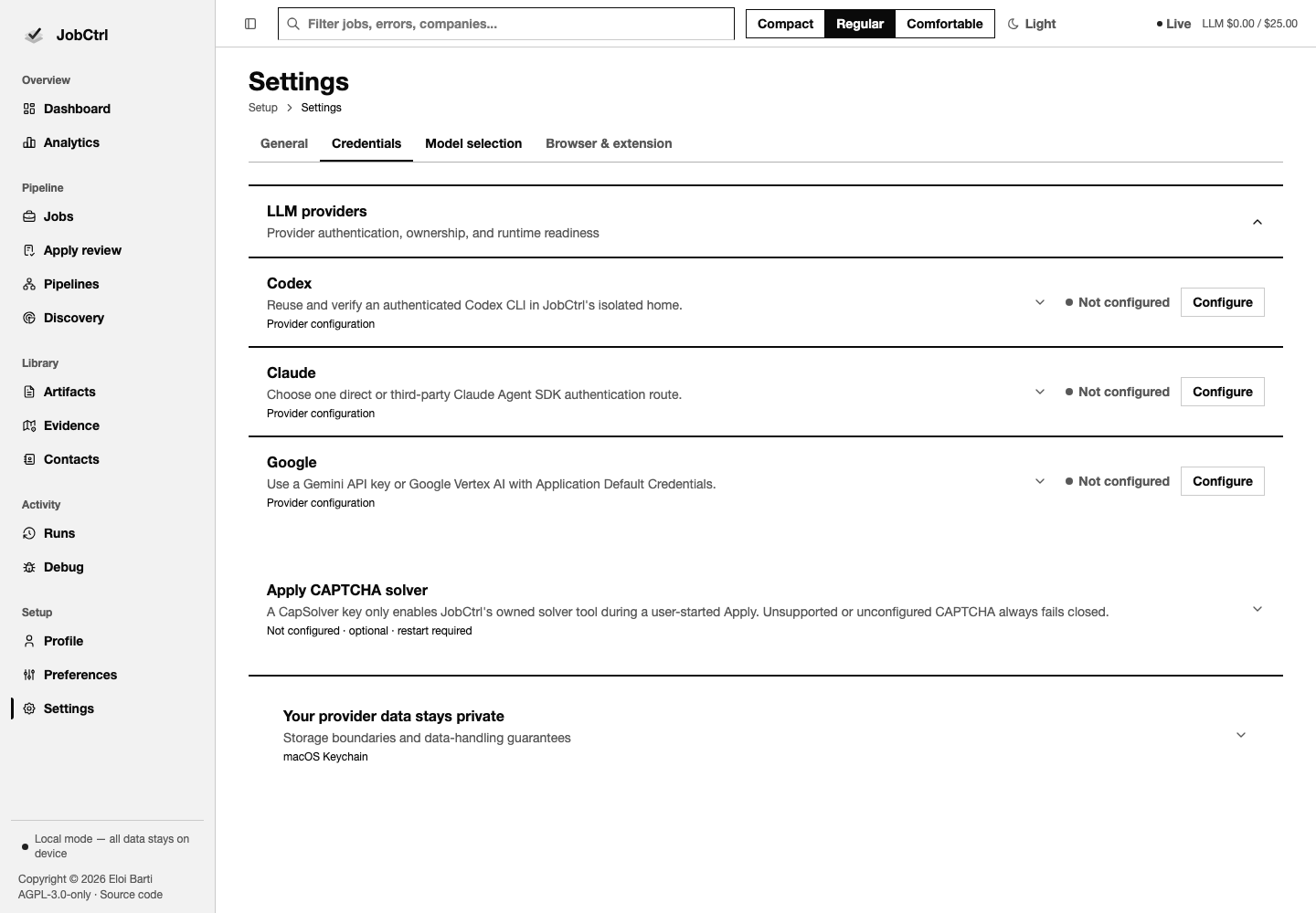 JobCtrl Credentials Settings route with provider readiness and guided secret setup