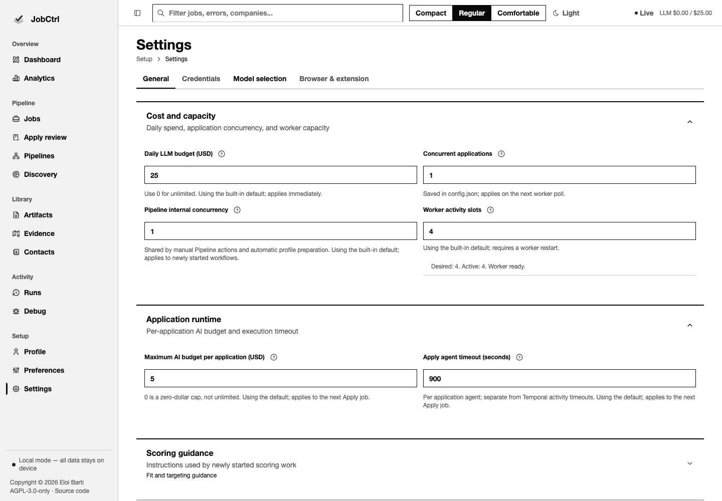 JobCtrl General Settings route with runtime, Apply, scoring, and compensation policy sections
