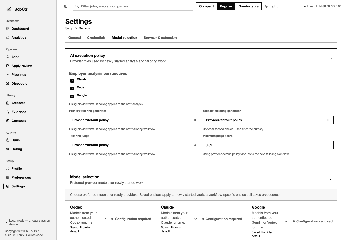 JobCtrl Model Selection Settings route with provider catalogs and AI execution policy